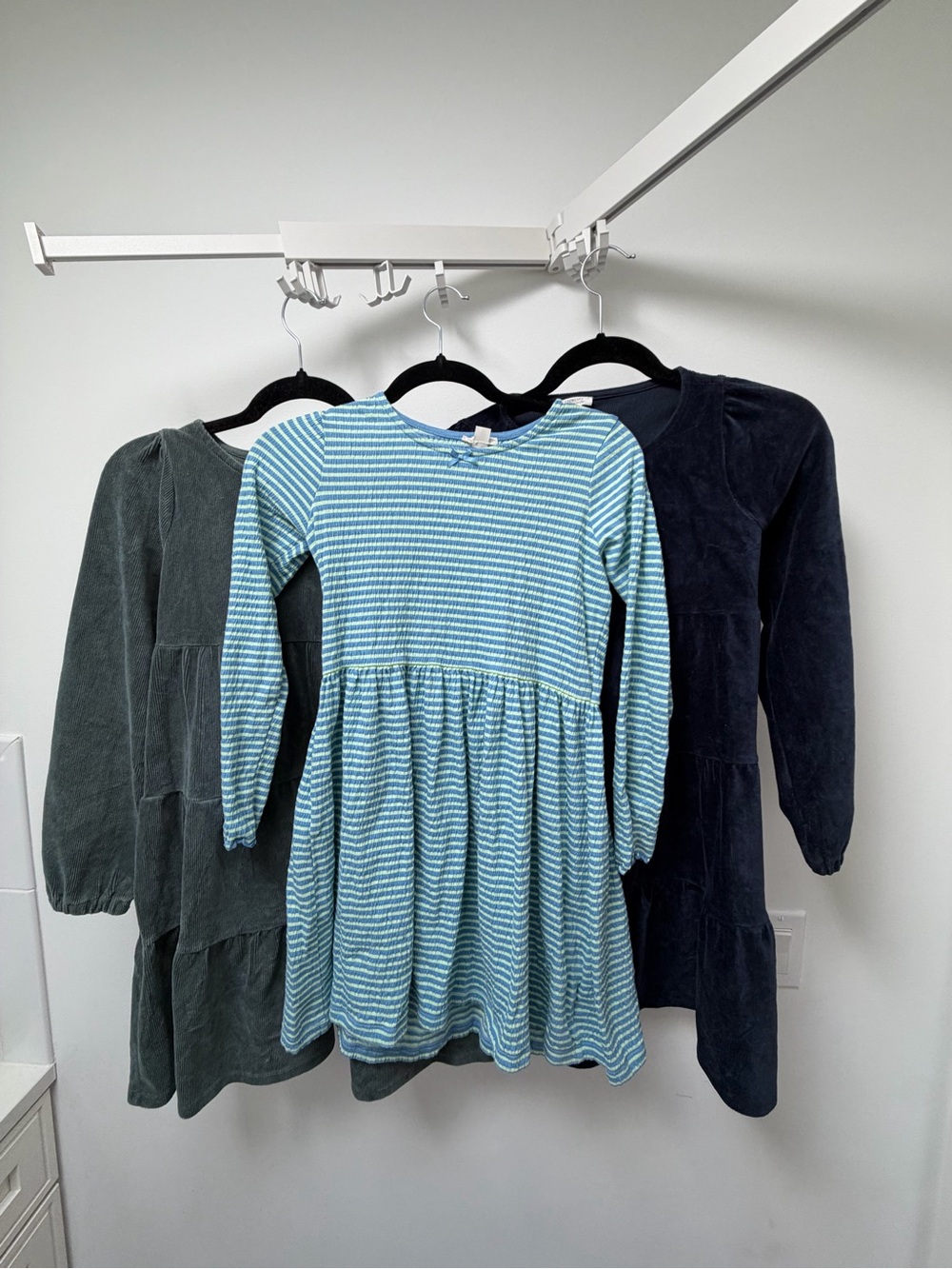 J. Crew Kids Long-Sleeve Dress Trio - Light Blue Stripe, Sage Green and Navy